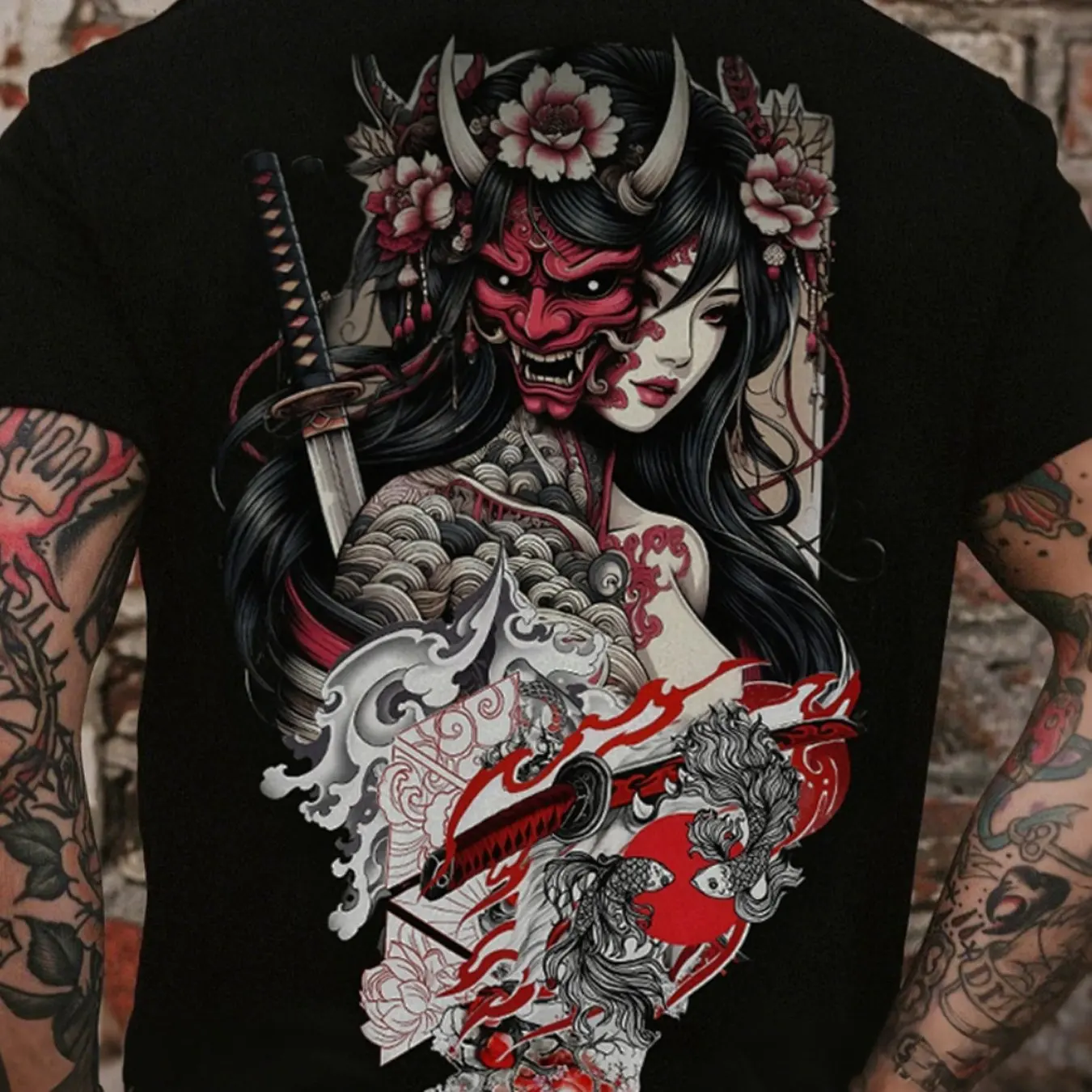 Men's Fashion Printed T-shirt Prajna Geisha Samurai Men's T-shirt Japanese Ukiyo-i Tattoo Style Hip Hop Street Style