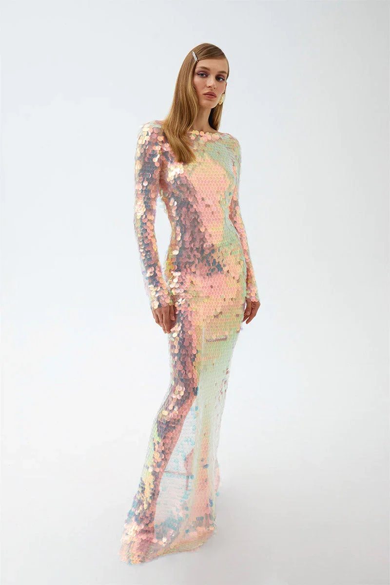 

Sexy Sequined Appliques Backless Bodycon Prom Party Dress Long Sleeve Maxi Celebrity Evening Runway Cocktail Prom Party Dress