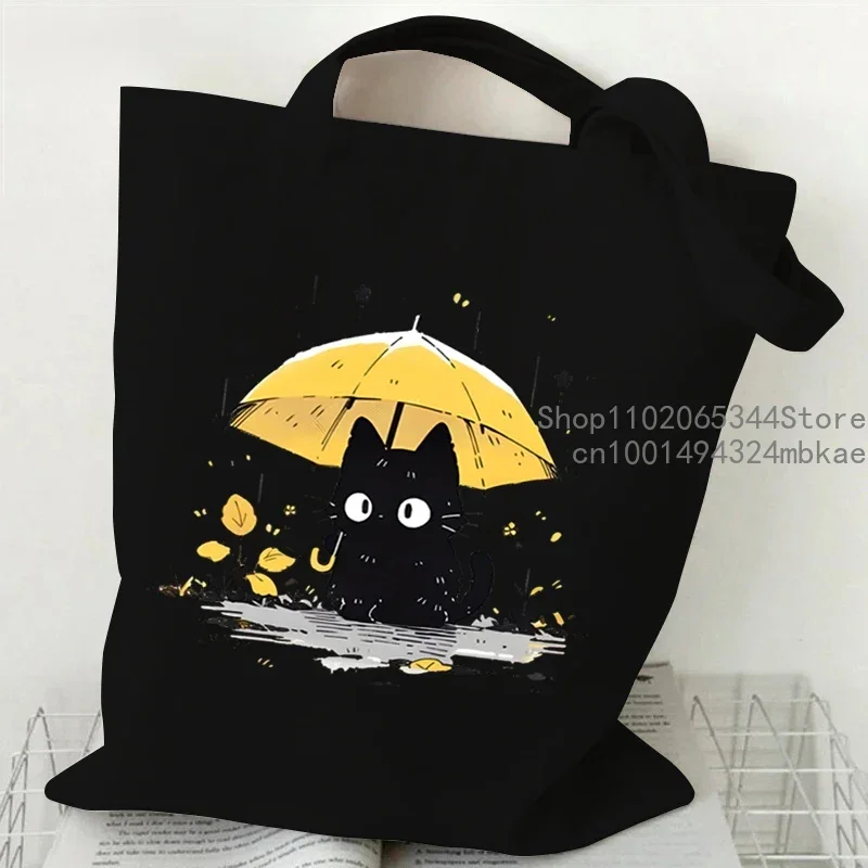 Kawaii Black Cat Graphic Handbags for Women Japanese Style Canvas Tote Bag Cartoon Fashion Shoulder Bag for Women Kitten Bag