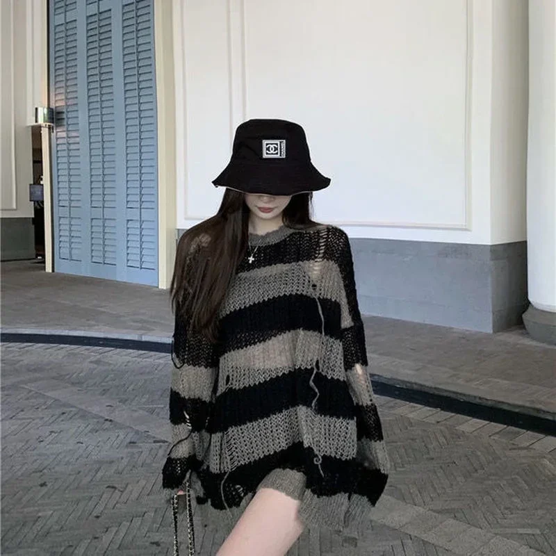 Women Drunge Style O Neck Thin Hollow Out Sweaters Striped Loose Harajuku Korean Gothic Fashion Sweater Casual Knitted Top Goth