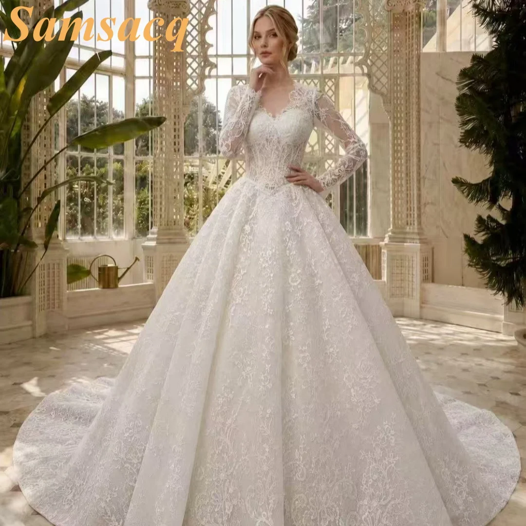 Custom Wedding Dress, Elegant V-Neck Long Sleeve Lace Bridal Gown, Princess Ball Gown with Veil, Customizable Wedding Dr
