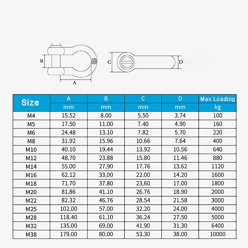 A2 Stainless Steel Bow Shackles M4 M5 M6 M8 M10 M12 M14 M16 M18 M20 M22 M25 Shackle Lifting Towing