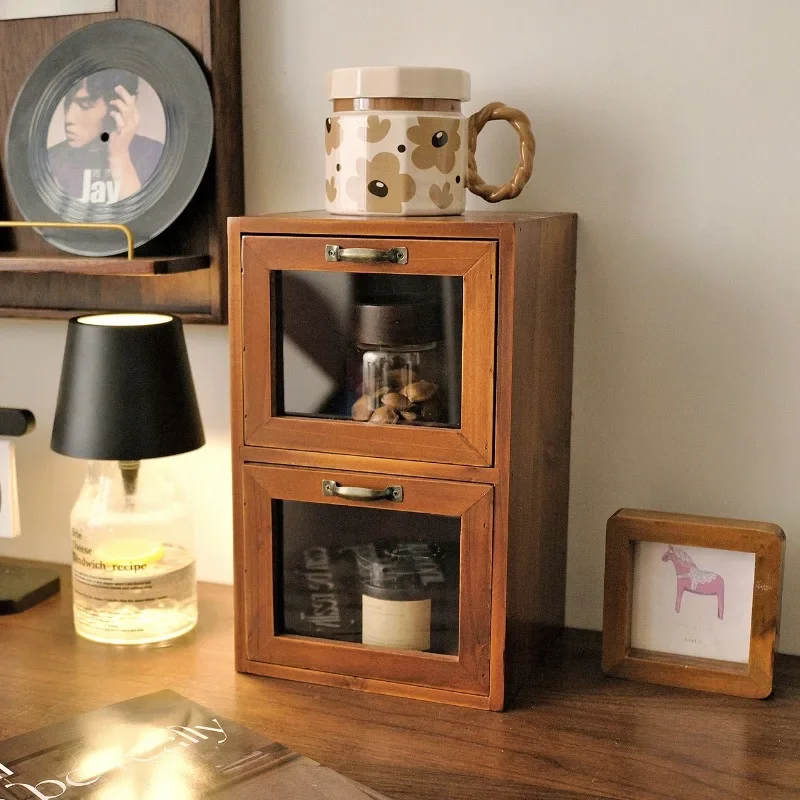 Wooden Glass Drawer Storage Cabinet Desktop Organizer for Cosmetics Lipstick Jewelry Cup Retro Visible Tabletop Storage Rack