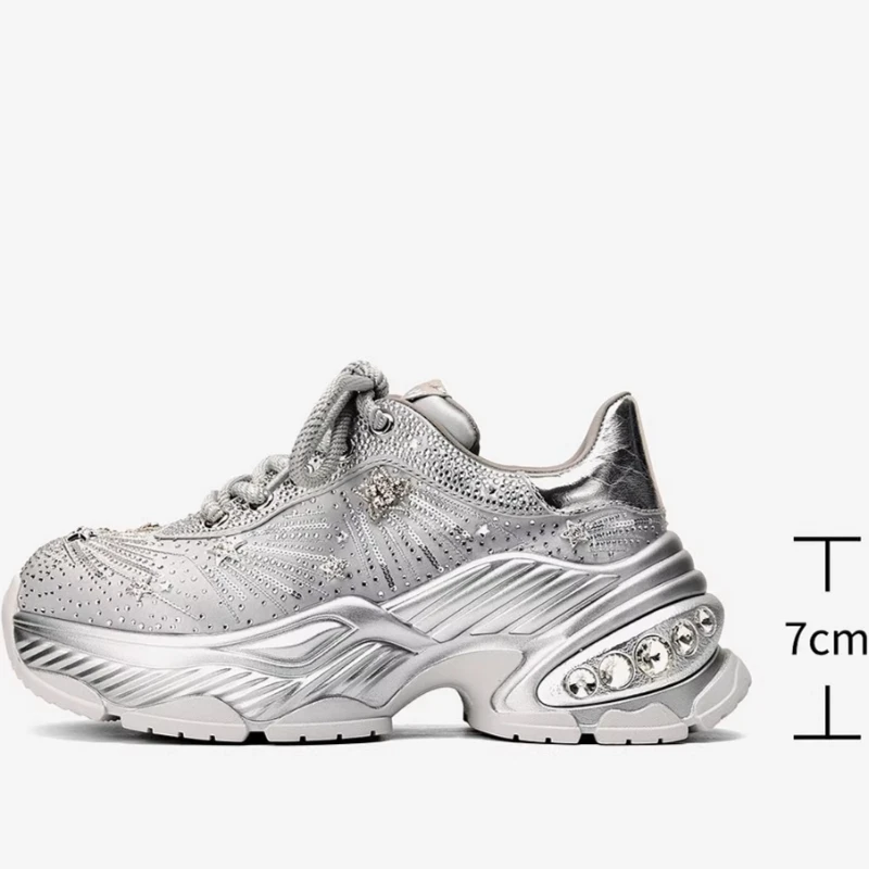 Future Silver Street Hot Diamond Daddy Shoes Women's Genuine Leather Height Increasing Shoes Casual Sports Shoes Chunky Sneakers