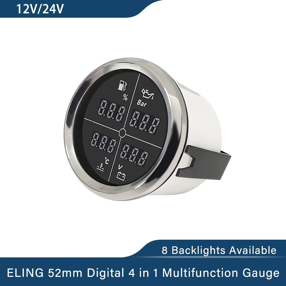 ELING Digital 52mm 85mm Car 4 in 1 Multifunction Gauge with Fuel Level Oil Pressure Water Temp. Voltmeter and 8 Colors Backlight