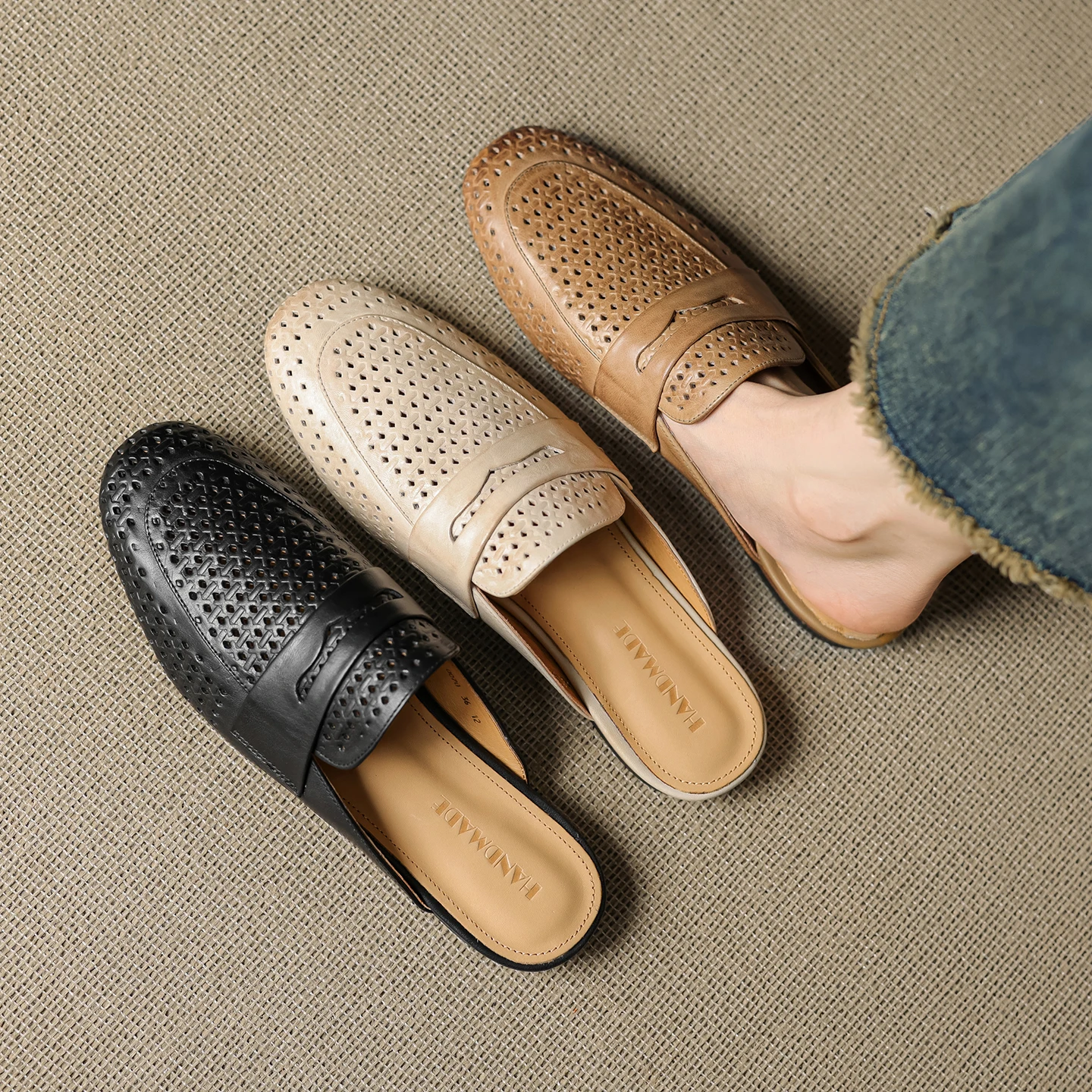 

2026 spring summer women sandals natural leather plus size 22-25cm cowhide+pigskin round toe hollow mules low heel women shoes
