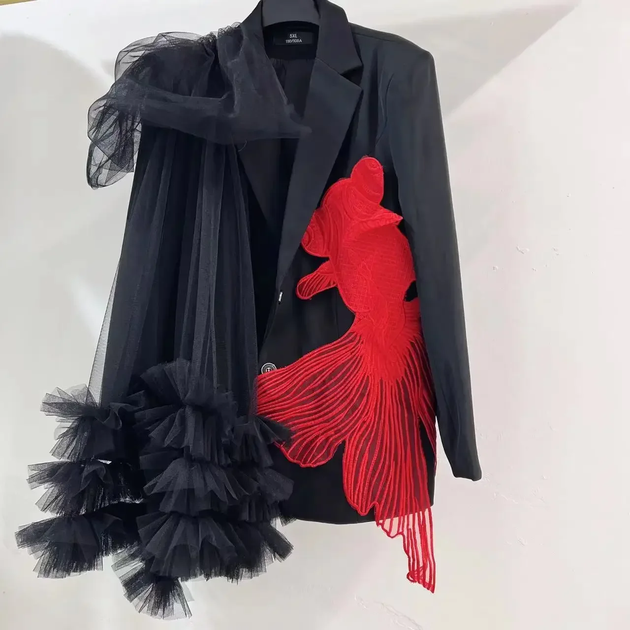 Goldfish Embroidery Mesh Spliced Ruffles Shawl Blazer Coat OL Turn Down Collar Gauze Pleated Suit Jacket Irregular Cardigan Tops