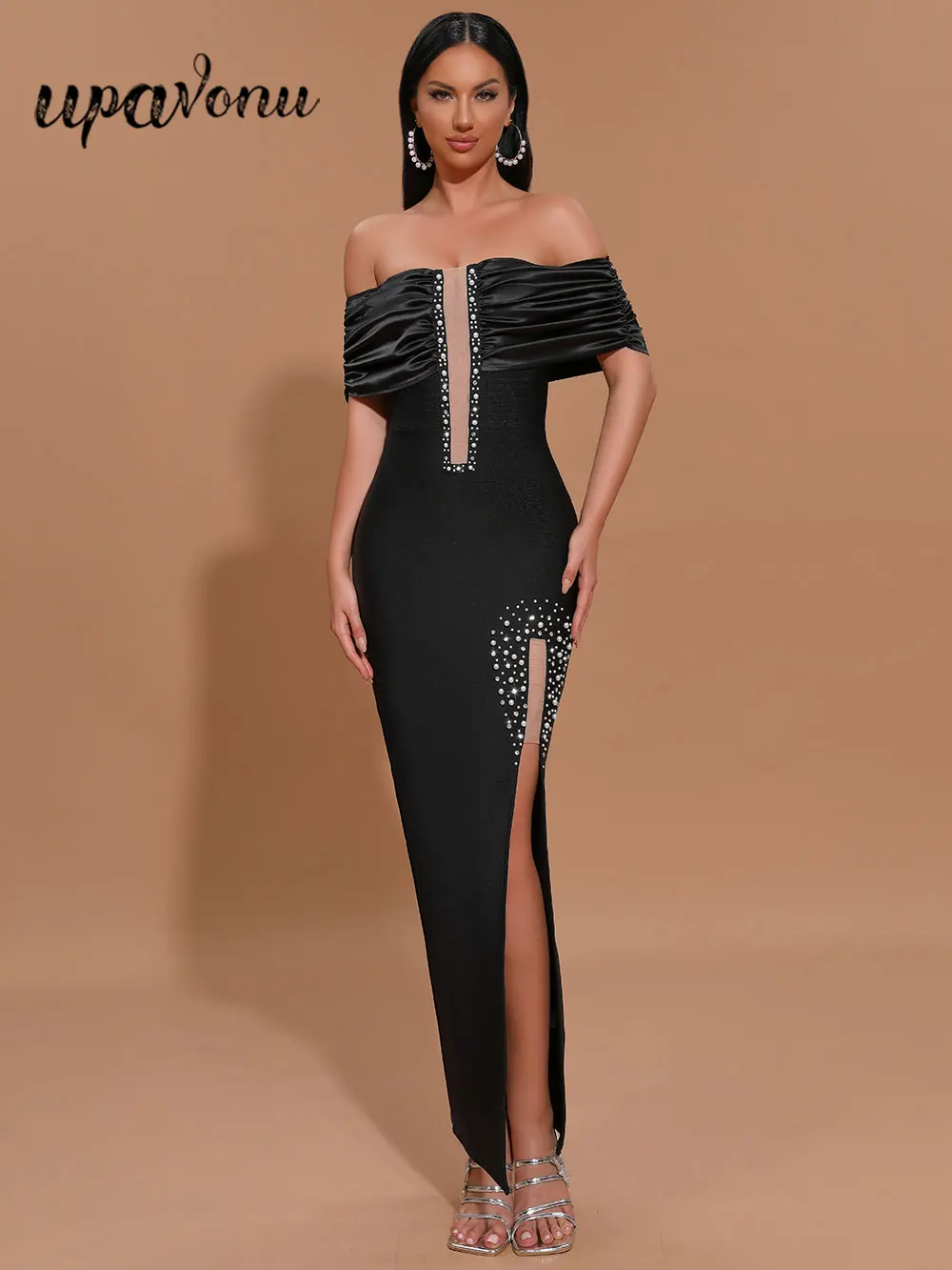 

2024 Sexy Women Heavy Industry Pearl Nail Bead Long Dress with One Collar Shoulder Sleeve Patchwork Bodycon Split Bareback Dress