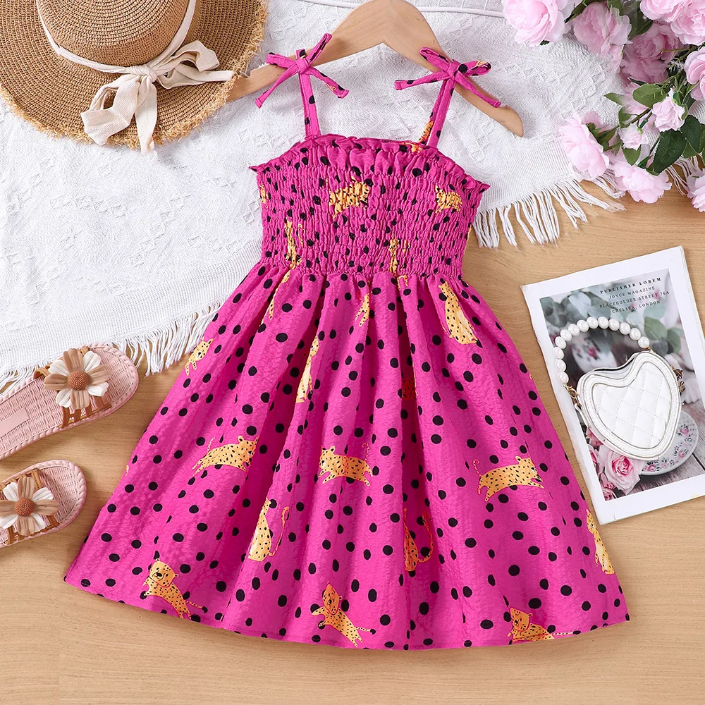 

2024 Summer New Arrival Girls Sleeveless Ruched Ruffles Dot Print Cheetah Rose Red Cute Party Princess Dress Custume 4-7T