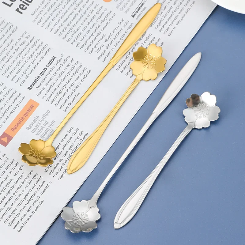 Sakura Long Handled Spoon 410 Stainless Steel Flower Spoon Thick Titanium Plated Coffee Stirring Spoon Wedding Gifts