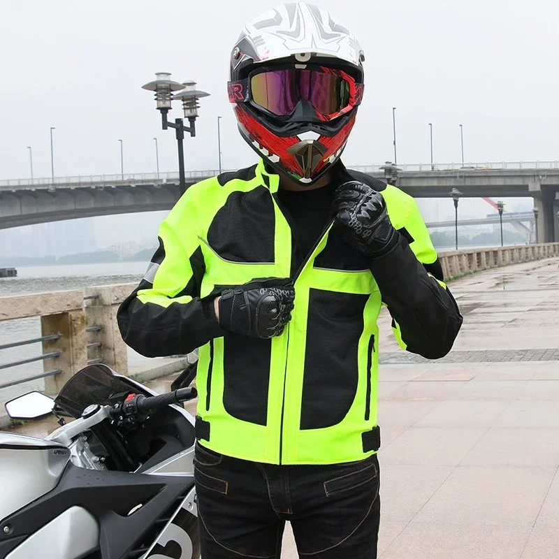 Summer Spring Green Motorcycle Cycling Jacket Men Riding Racing Protective Reflective Bike Cycle Coat Mesh Breathable Clothes