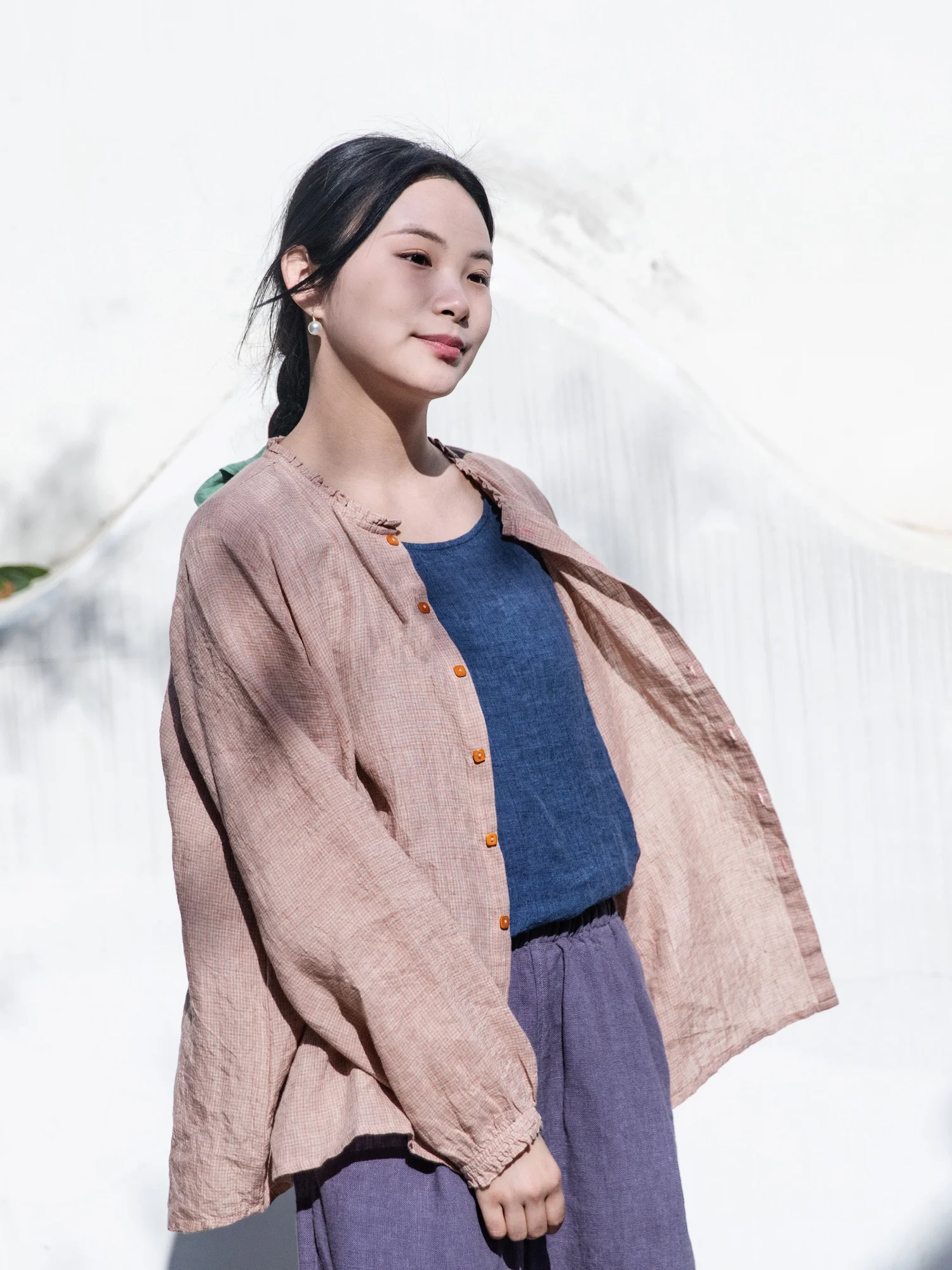 

Ruiwen Shecheng Spring Color Woven Linen Material Shirt Women's Long Sleeve Loose Artistic Style Plaid Small Shirt