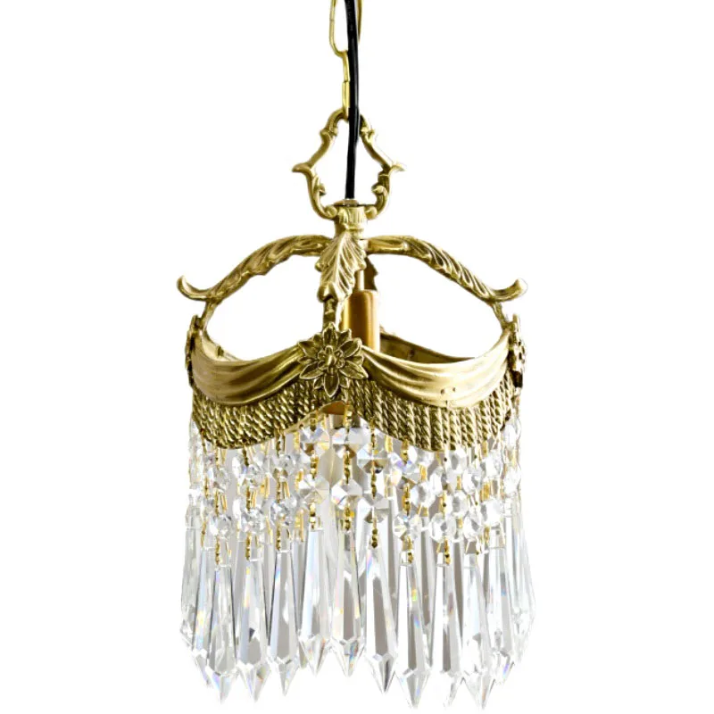 Vintage French Copper Porch Small Chandelier Corridor Balcony Retro Pendant Lighting Bedroom Bedside Crystal Hanging Lamp