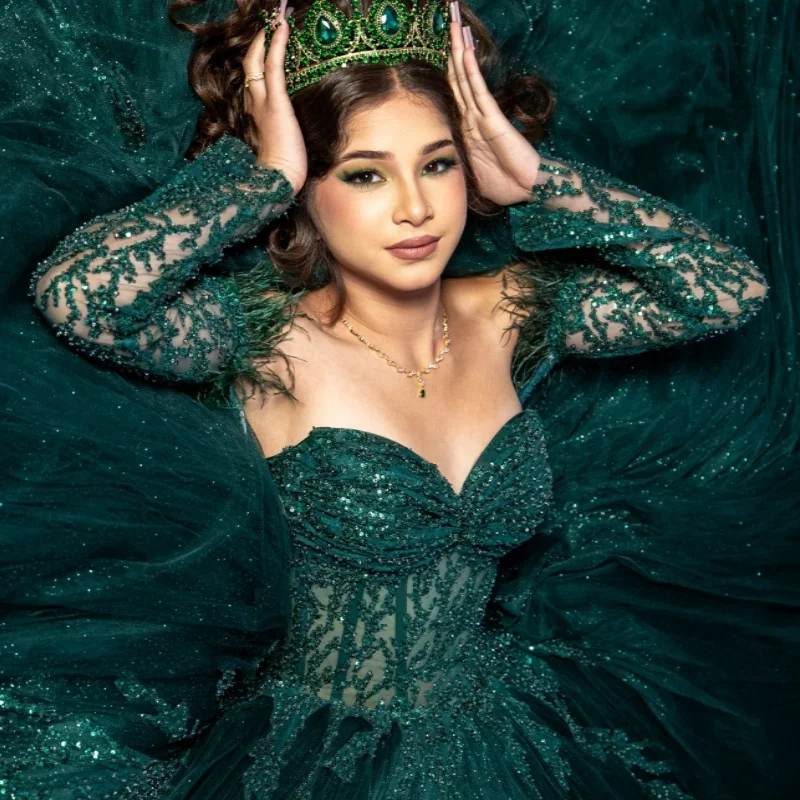 Schwarzgrünes, glänzendes, schulterfreies Quinceanera-Kleid mit Applikationen, Perlen, Tüll, abgestuft, Party, Geburtstag, süßes 16-Kleid, Vestidos 15 De
