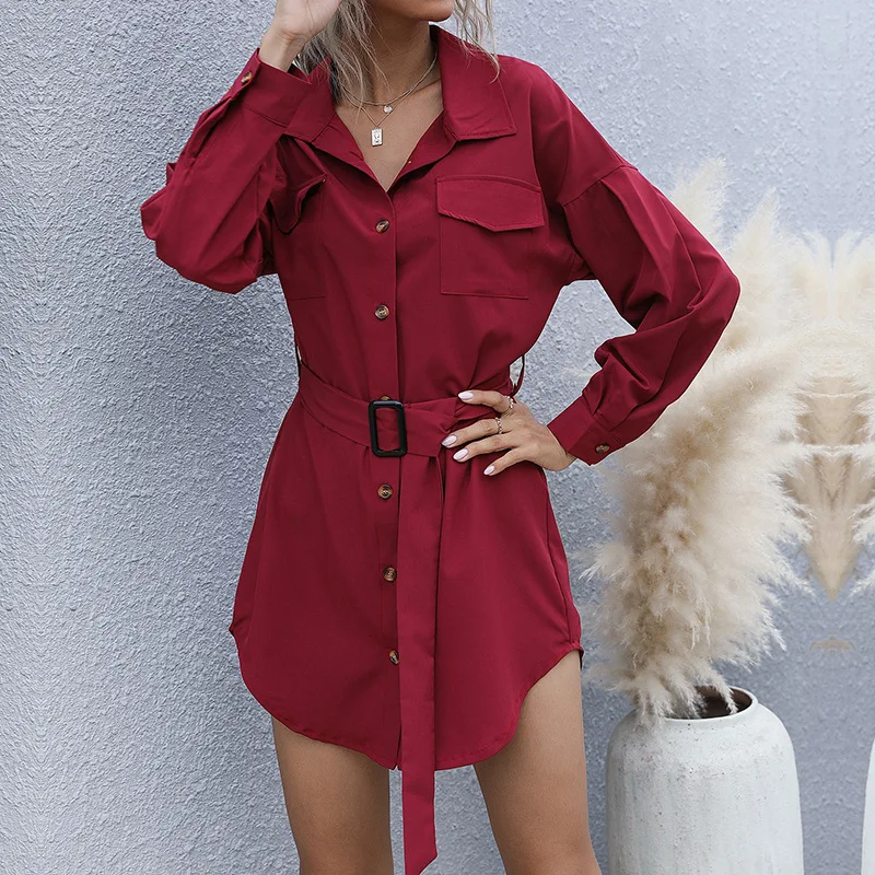 Robes pour femmes 2025 printemps été nouvelle couleur unie rétro coupe ajustée à manches longues col rabattu décontracté noir Mini chemise robe