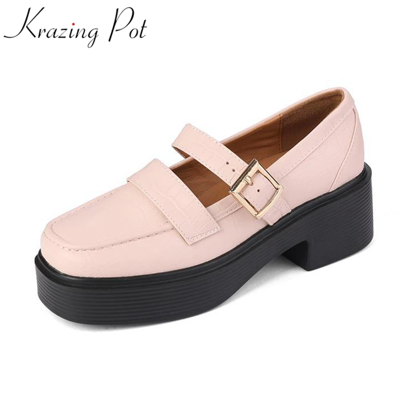 

Krazing Pot 2022 cow leather square toe prints leather luxury waterproof leisure party buckle straps mature elegant women pumps