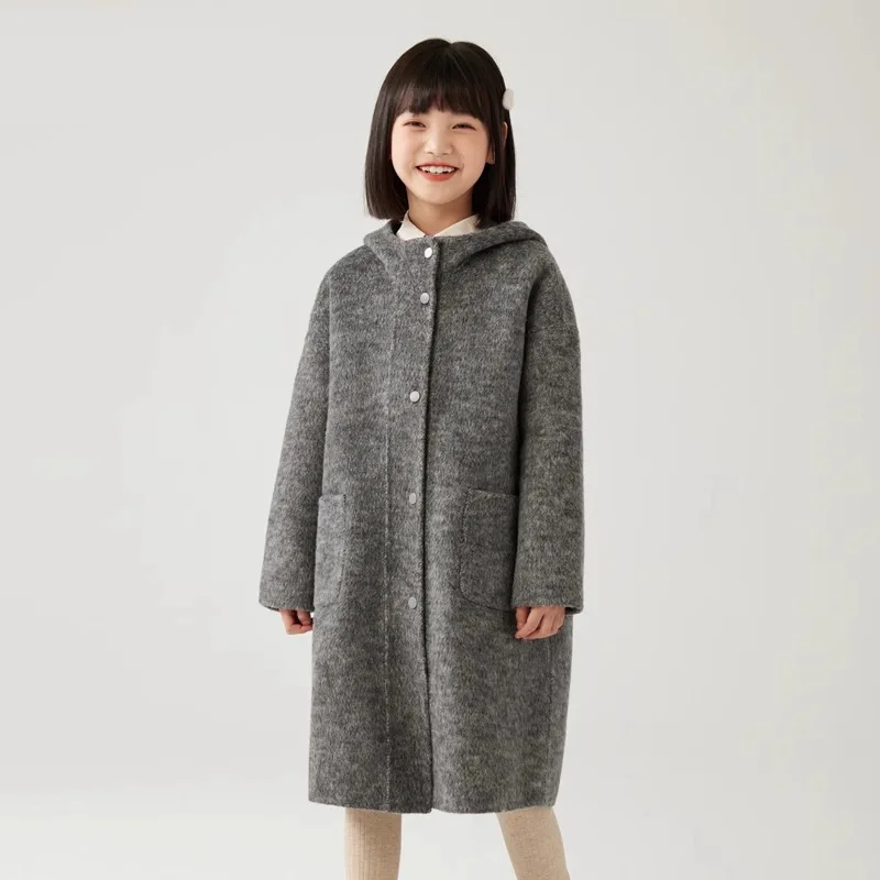 2026 Children Winter Woolen Coat Junior Girls Warm Hooded Over Coat Velvet Single Breasted Kid Girl Mid-length Outerwear Coats