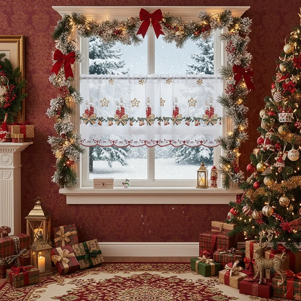 American Xmas Kitchen Cafe Curtain, Sheer Short Window Valance, Rod Pocket Cabinet Door Cover, Holiday Party Decorative Drape
