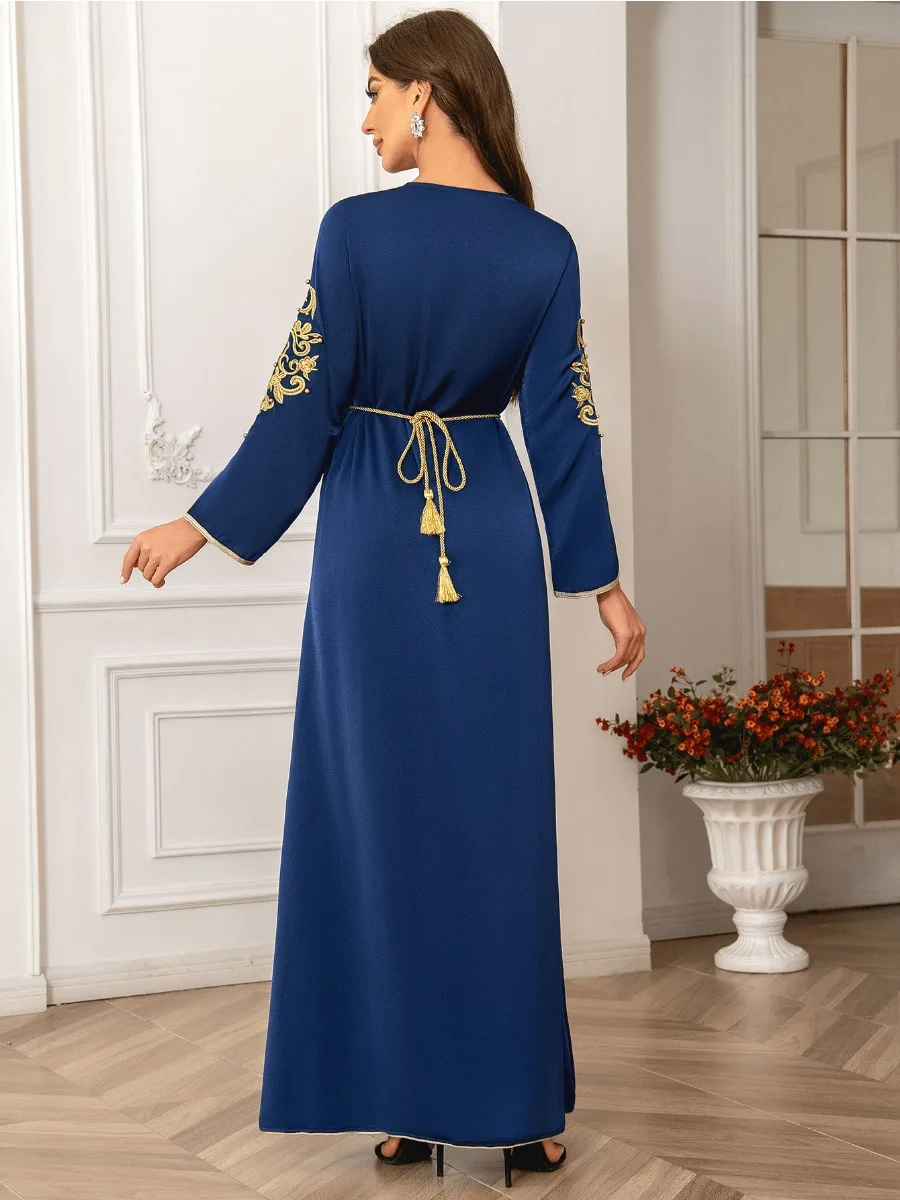 Eid Muslim Dress for Women Abaya Beading V Neck Lace-up Jalabiya Party Dresses Kaftan Vestidos Largos Long Robe Arab Dubai 2024