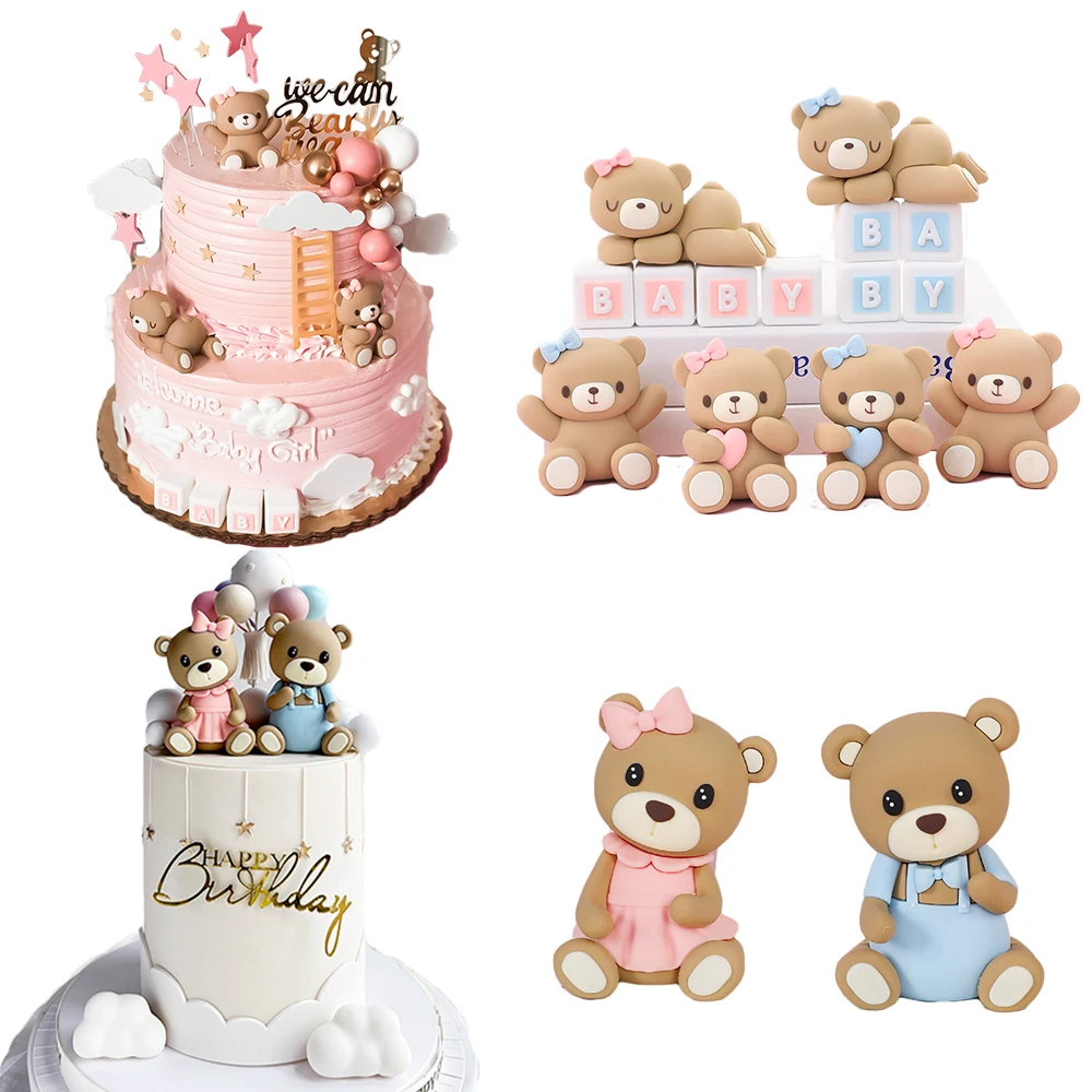 3D Pink Blue Mini Bear Doll Cake Topper for Gender Reveal Party Boy Girl 1st Birthday Cake Decoration Bear Theme Party Decor