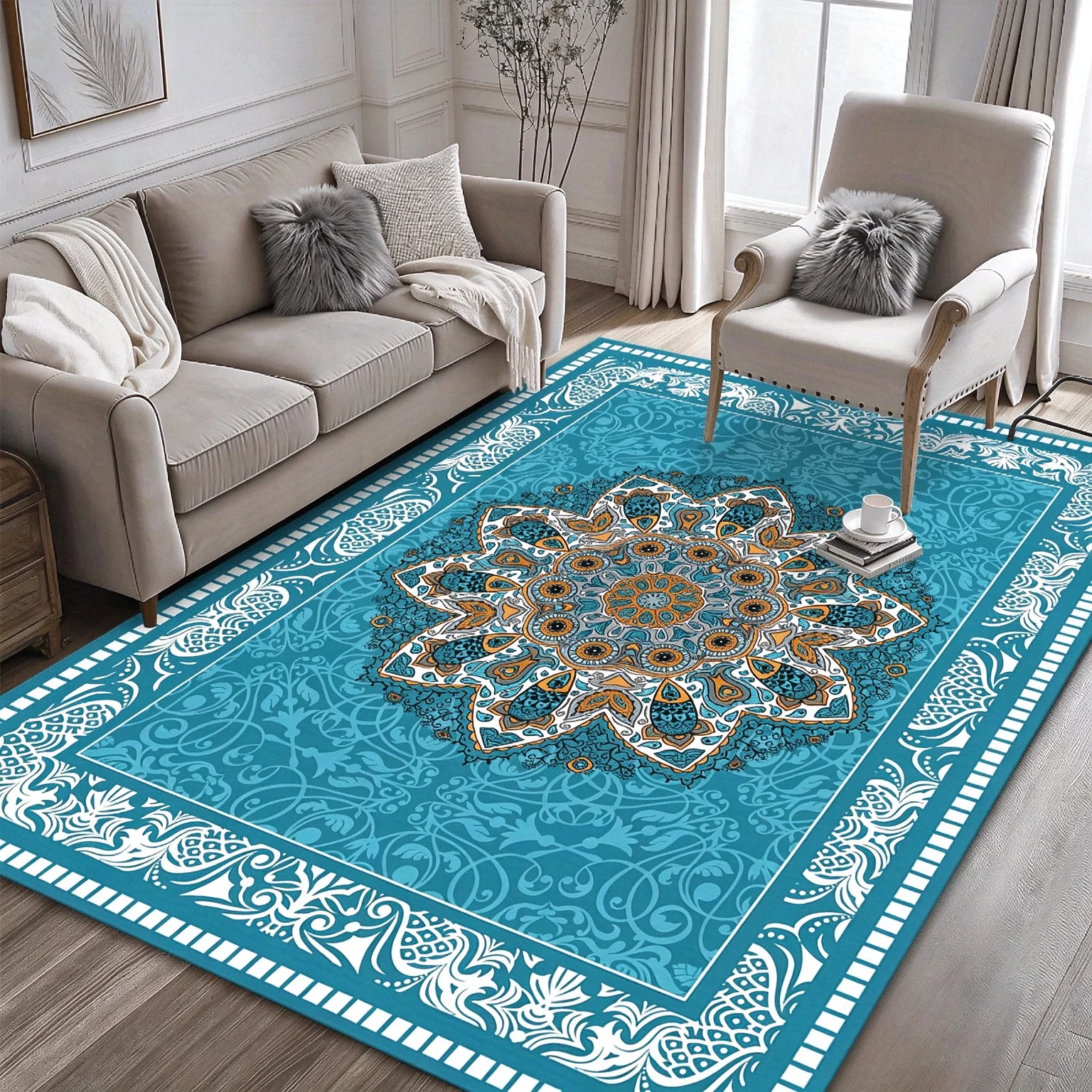 [2D Flat]Large Area Rug with Fresh Blue-Green Mandala Centerpiece – Bohemian-Style Rug Featuring Ornate Floral Patterns – Indoor Home Decor for Living Room and Bedroom