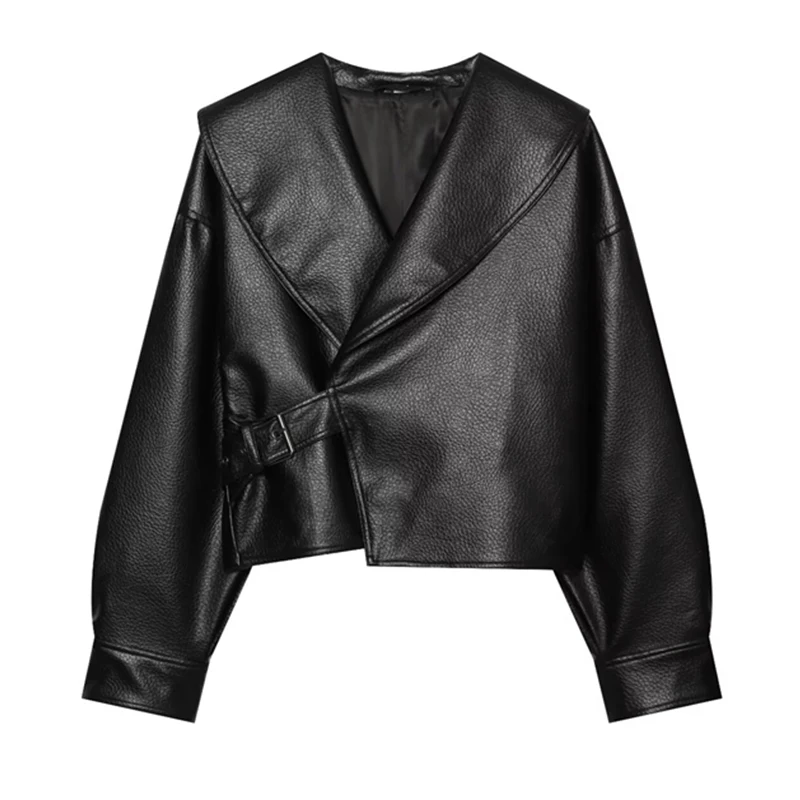 Guobioziy 2026 Autumn Women's Short Faux Leather Jacket with Asymmetric Large Lapels for Streetwear Party and Holiday Outfits