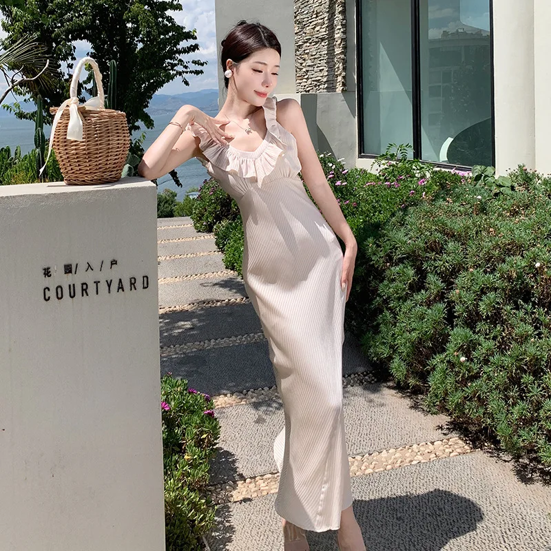 High-end Backless Beautiful Tea Break Long Skirt Temperament Slim Sleeveless Summer Dress Lotus Leaf Edge Casual Vacation Dress