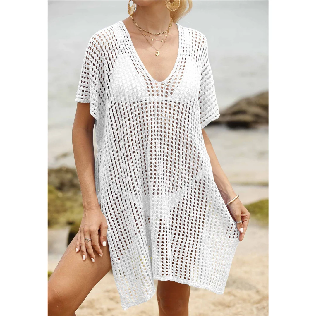 Kurzarm-Tunika mit V-Ausschnitt und Aushöhlungen, gehäkelt, Strickkleid, Strandkleid, Strandmode, Strandbekleidung, Strand-Cover-up, Damen, V8061 – Detail 27