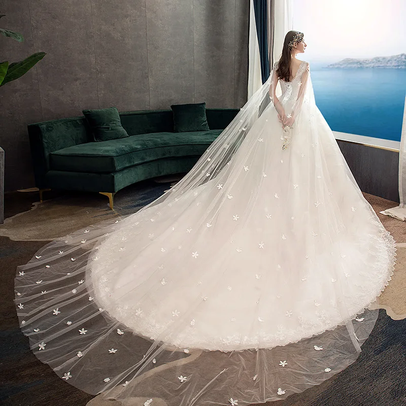 Vestidos de novia de línea a con apliques de encaje para mujer, de cuello alto vestido de novia, tren de barrido, blanco