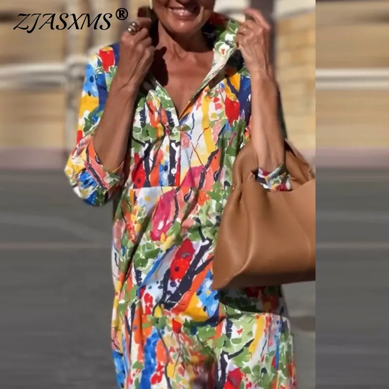 Zomer losse shirtjurk met lange mouwen Vrouw Casual turn-down kraag Print Kantoorjurken Elegante losse geplooide gewaadjurk met veters