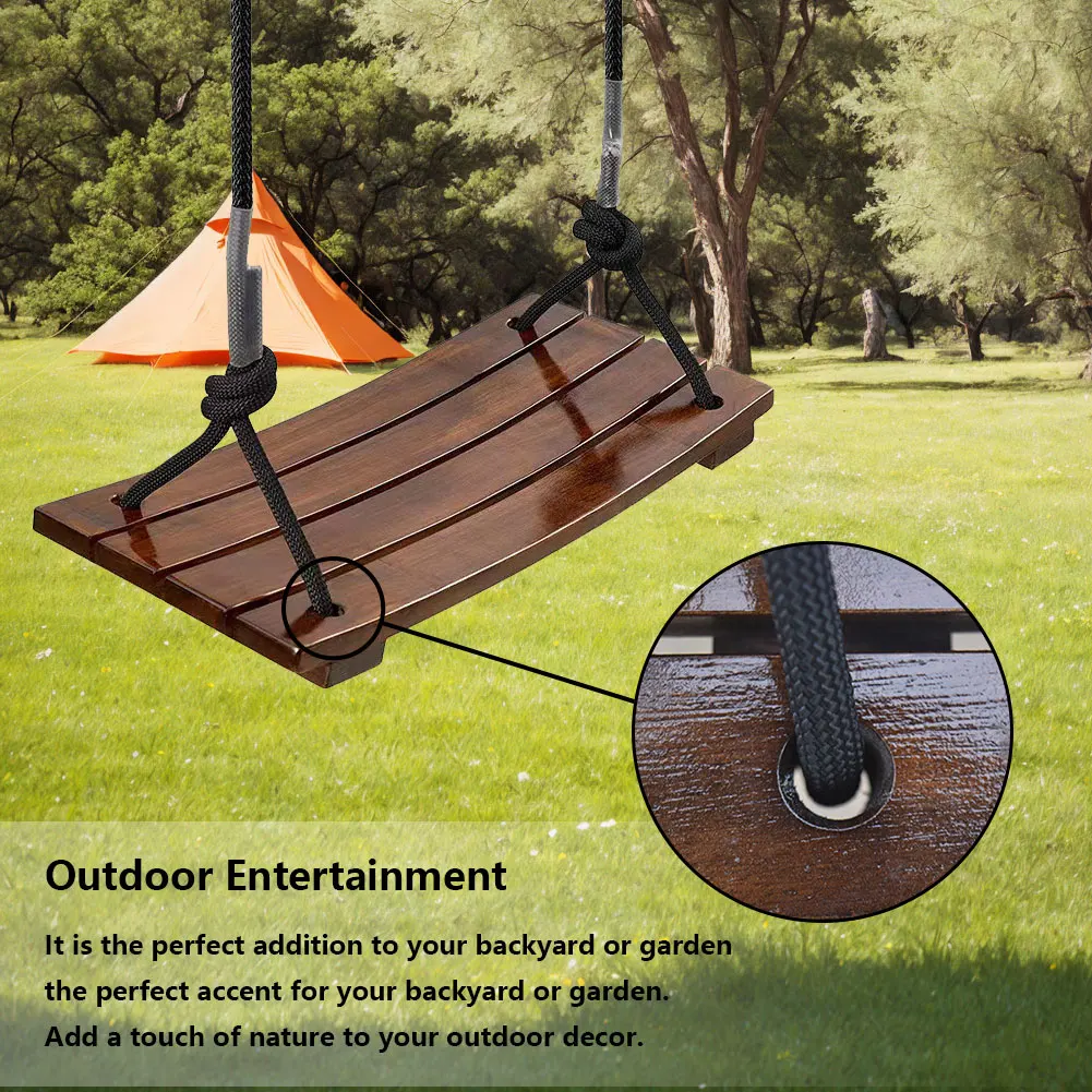 Solid Wood Swing One Seat Simple Swing 440Lbs Wooden Swing Seat Outdoor Rope Swing Adjustable Rope Length Curved Swing for Kids