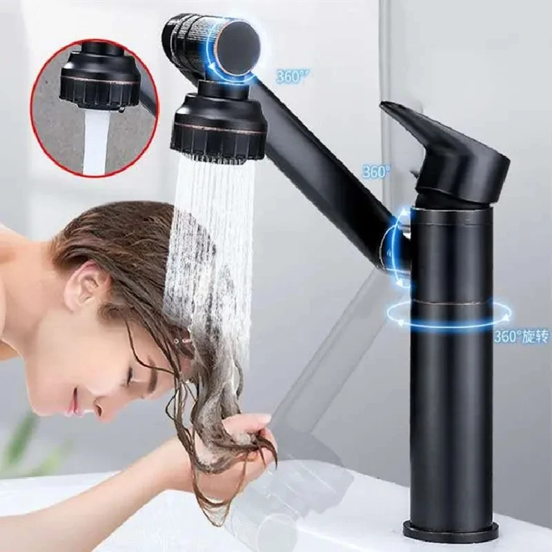 

360 Degree Rotating Bathroom Mixer Tap Silvery Black Basin Faucet With 2 Spraying Mode