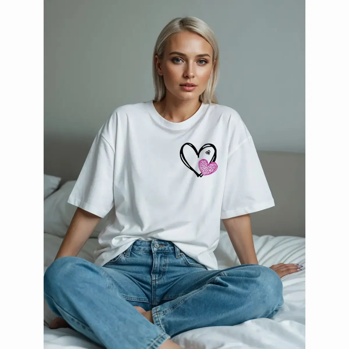 

Summer New Cartoon Love Letter Print Retro European And American 100% Pure Cotton Loose Casual Y2K Women's T-shirt