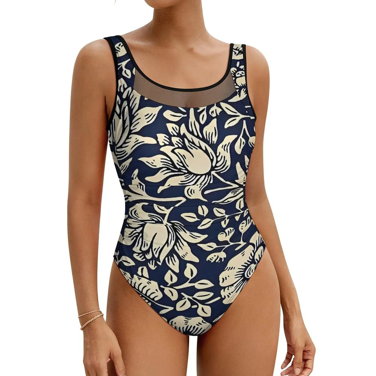 Art Nouveau Swimsuit William Morris  Blue Floral One Piece Swimwear Push Up Fantasy Monokini Sexy Beach Design Bodysuit