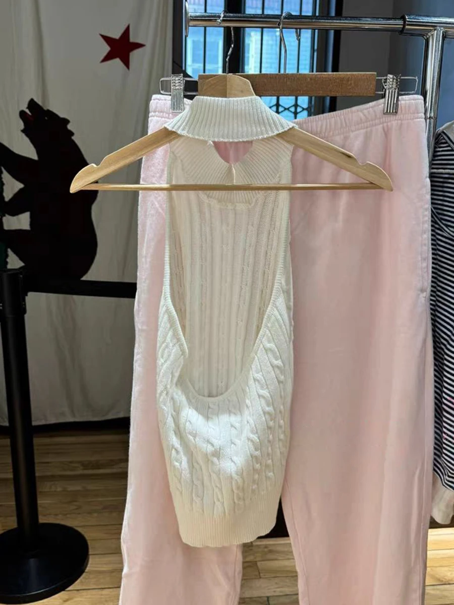 Twistดอกไม้Halter Tank Topsผู้หญิงฤดูร้อนเรียบง่ายเซ็กซี่Backlessแขนกุดผ้าฝ้ายCamis Vintage Streetwear Sweet Crop Top