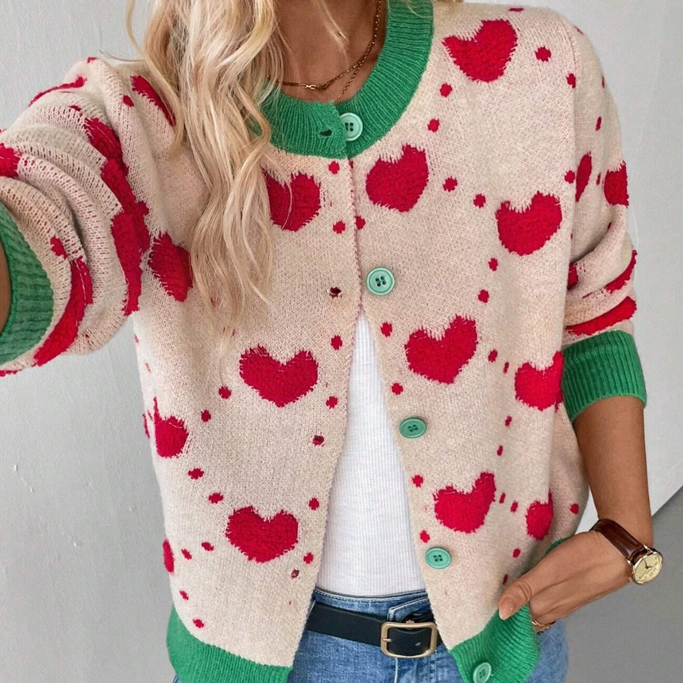 مجموعة المرأة المرقعة متماسكة سترة طويلة الأكمام زر إغلاق القلب الخريف سترة عادية سترة