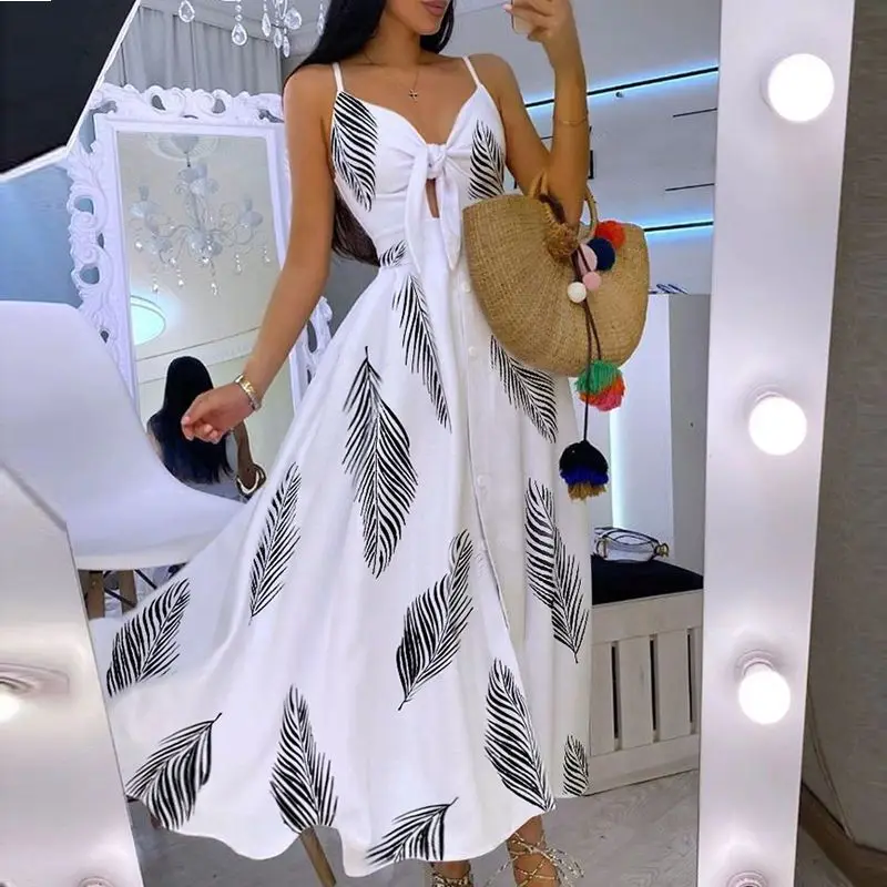 Abito con canottiera floreale completo con lacci Abito estivo da donna con cinturino per spaghetti Abito lungo a vita alta slim fit con cinturino sexy Abito lungo altalena