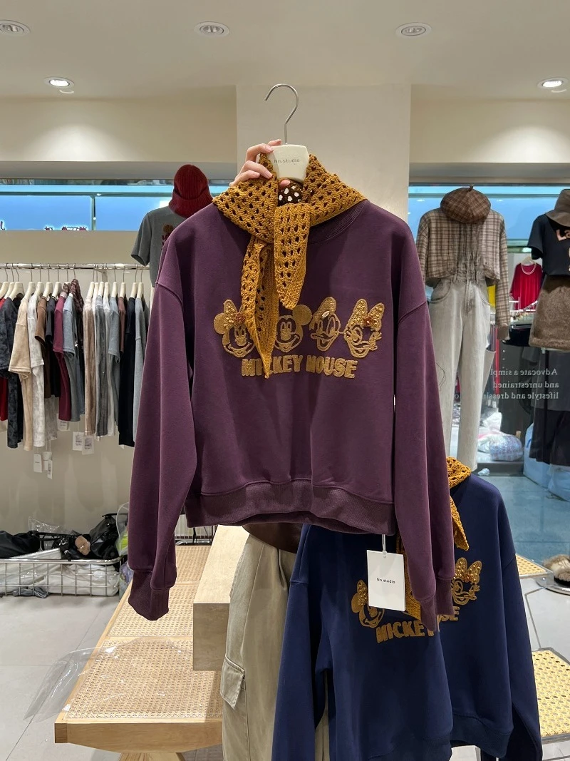 Cartoon Hoodie With Scarf For Women's 2025 Autumn Winter New Fashionable Youthful Round Neck Short Loose Top Jacket Sweatshirts