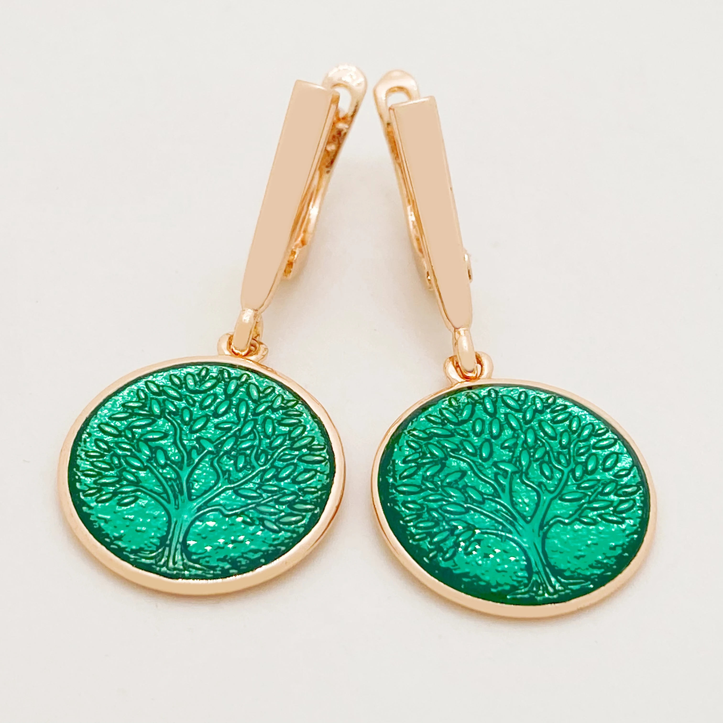 New Green Tree 585 Rose Gold Color Italy Draw Oil Painting Women Dangle Earrings Fine Exclusive Fashion Jewelry