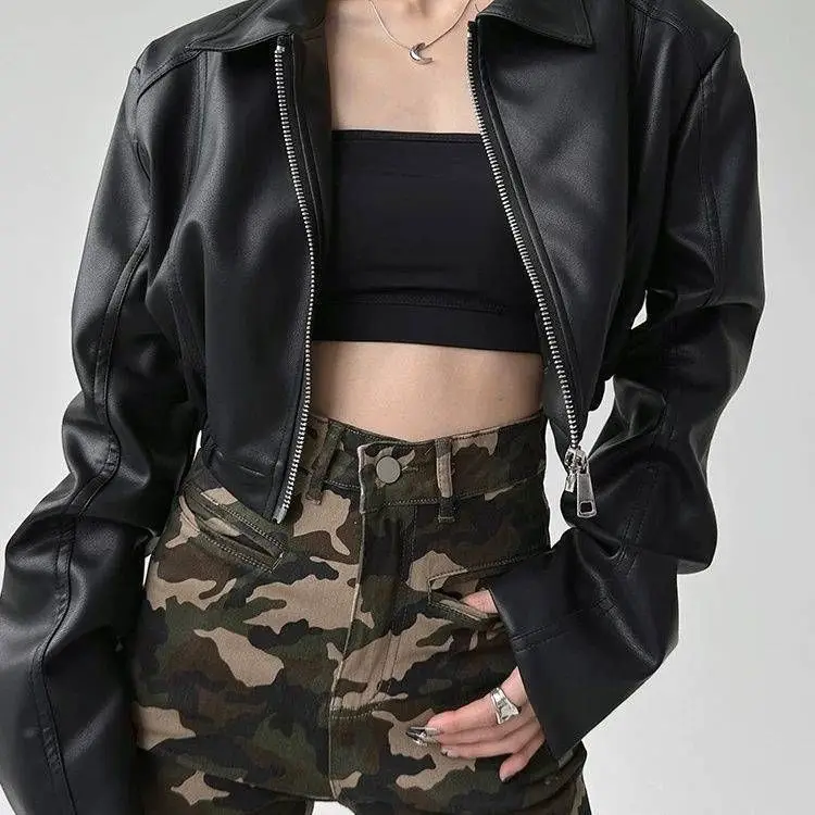 Summer Spring Autumn Leisure Commuting Pu Leather Short Style Lapel High-End Coat Tops Design Sense Jacket for Women