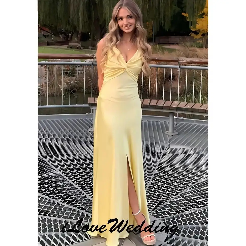 

Almond Yellow Bridesmaid Dresses V-Neck 2025 Elegant Wedding Party Dress For Woman Spaghetti Strap Criss-Cross Satin Customized