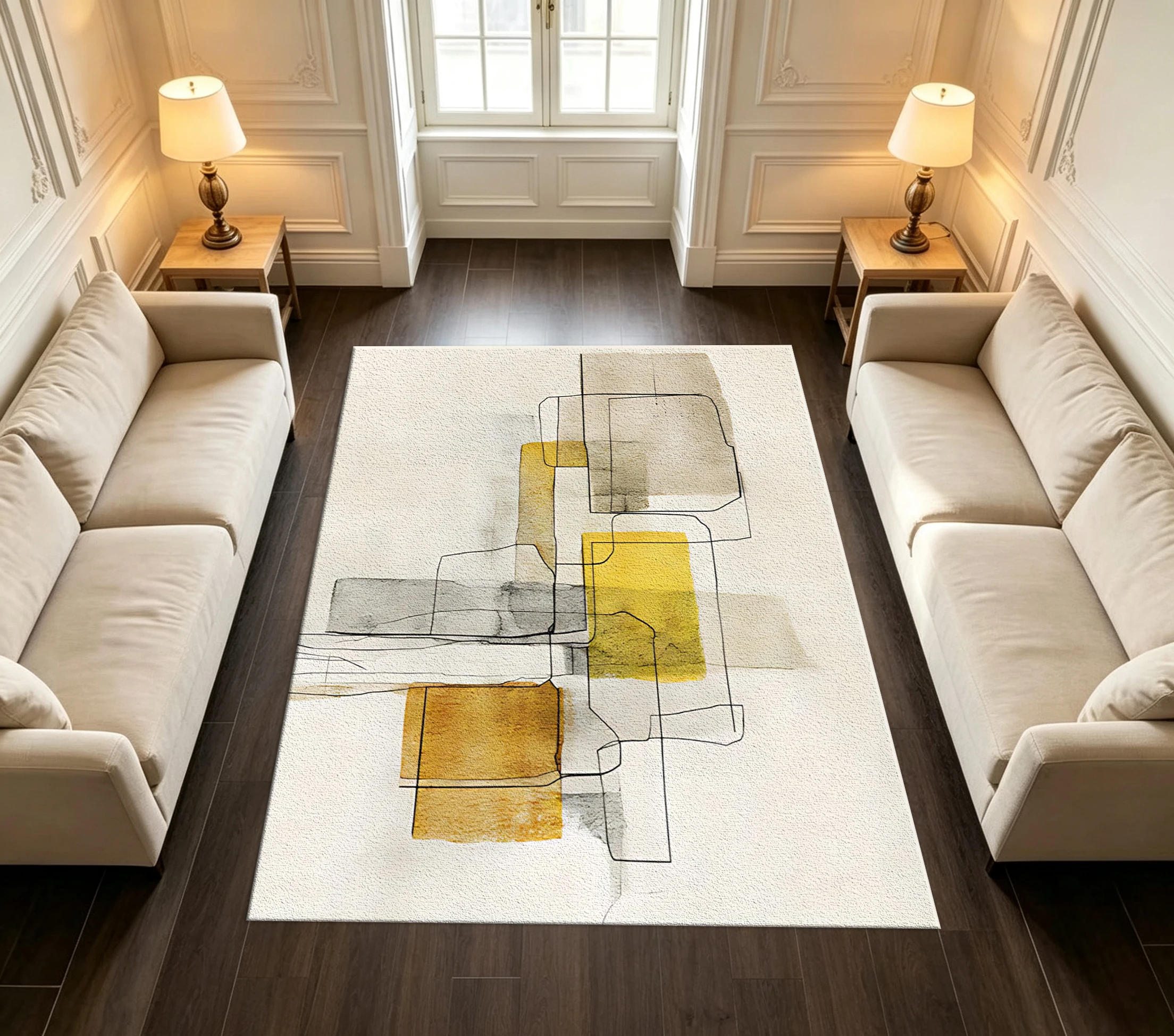 Mid-Century Abstract Block Carpet Flooring Golden Gray Color Block Line Art Area Rug Modern Art Home Decor Floor Rug