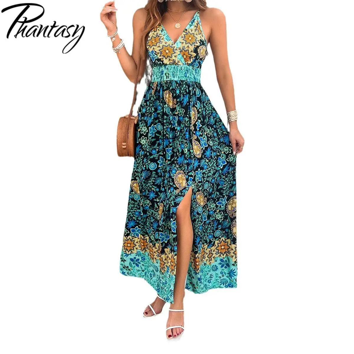 Phantasy Bohemia Long Dress Green Vintage Pattern Strap Dresses Summer Women V Neck Slit Skirt Beach Vacation Casual Gown