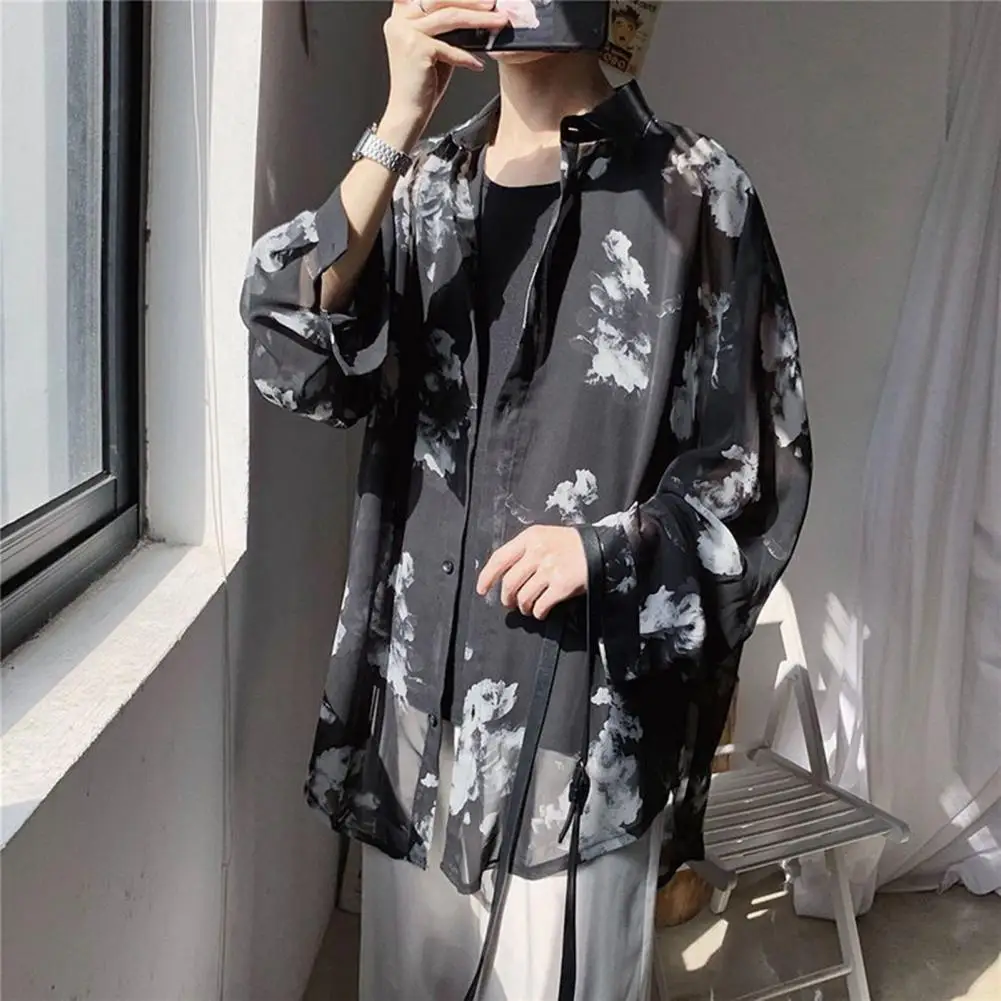 Loose Fit Printed Shirt Printed Loose Men's Cardigan with Turn-down Collar Stylish Mid Length Top for Fall Spring Seasons Loose