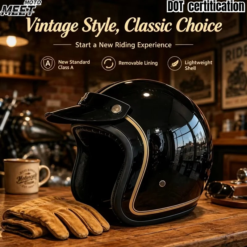 ClassicRetroround head3/4 Jet Open Face Motorcycle Helmet, DOT Approved ABS Shell for Men Women, Can be carried in all seasons
