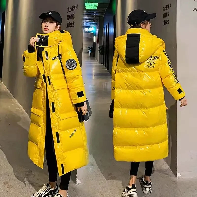 Bright Long Eiderdown Cotton-padded  Female 2023 Winter New Loose Fashion Slim Hooded Casual Cotton-padded Clothes Tide.