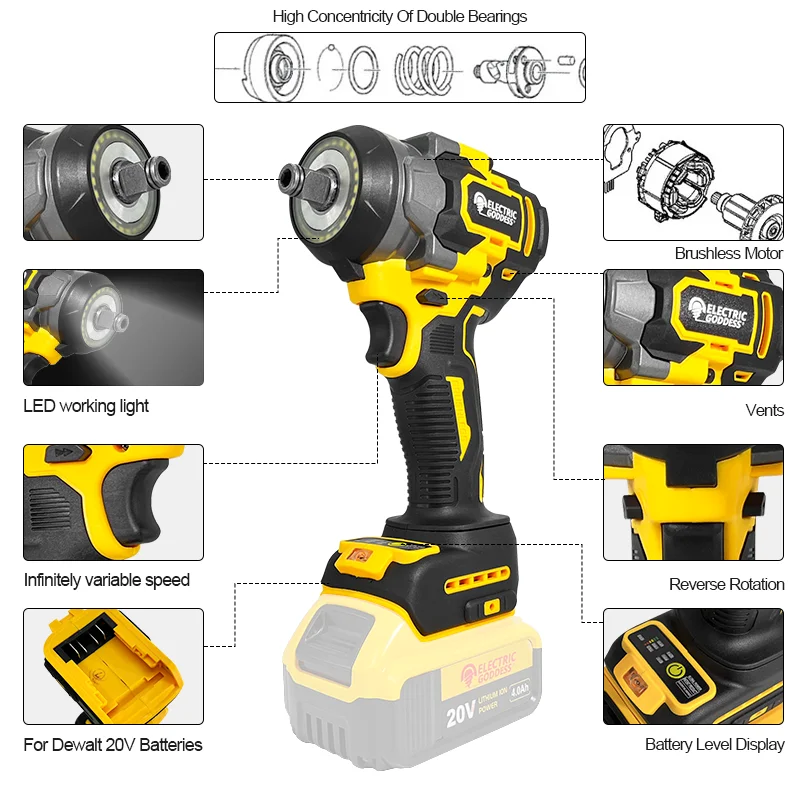 Electric Goddess 800N.m Brushless Electric Impact Wrench 3 Gears Cordless Rechargeable Repair Power Tools For Dewalt 20V Battery