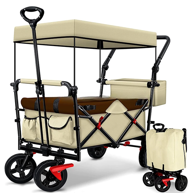 Collapsible Wagon Beach Folding Camping Trolley Handcart Foldable Trolley Canopy Outdoor Utility Folding Wagon Cart