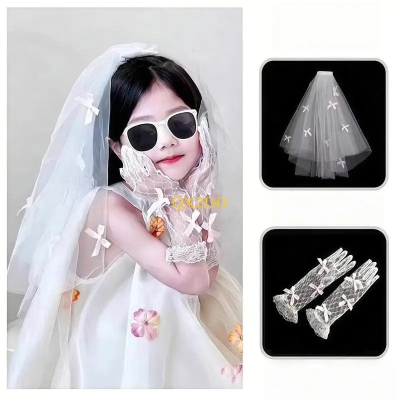 

QX2D комплект с милыми розовыми бантами, головной убор и перчатки, вуаль для волос для малышей, игра-одевалка