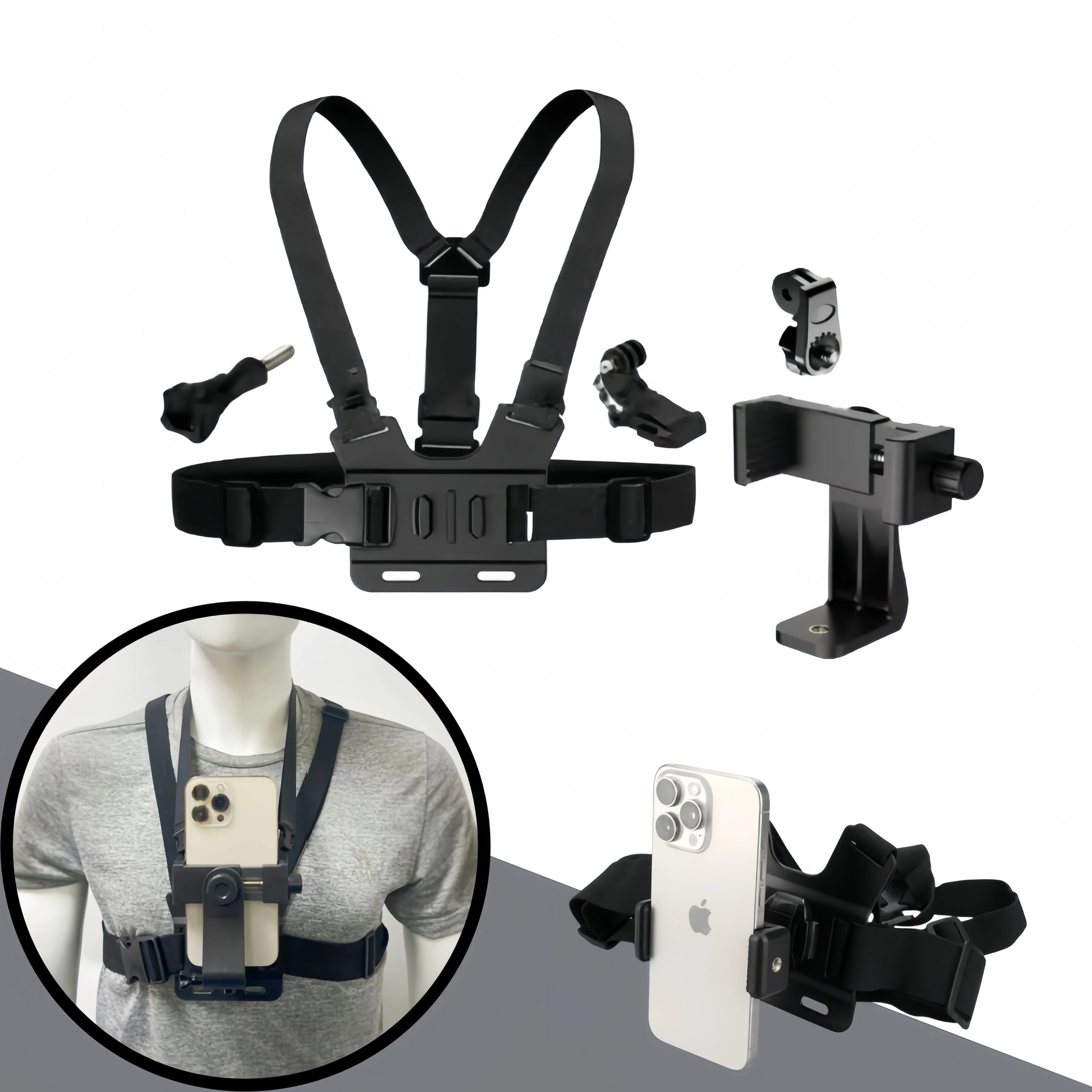 Suporte universal de cinta peitoral para câmera de ação, telefone, gravação mãos-livres, suporte de arnês ajustável para gopro dji insta360 sjcam